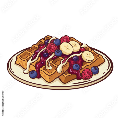 This image showcases a delectable plate of waffles topped with fresh blueberries, raspberries, banana slices, and drizzled with syrup, portraying a delightful breakfast feast.