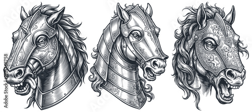 Vintage vector illustration set of three aggressive horse heads in armor and barding, detailed medieval war stallion portrait for heraldic or tattoo design.