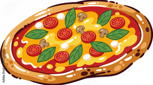 An appetizing image of a pizza topped with fresh ingredients like tomatoes, mushrooms, and basil, perfect for food lovers and culinary enthusiasts.