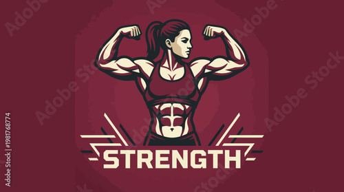 An empowering illustrated logo depicting a muscular woman flexing her biceps, representing strength, determination, and fitness, inspiring confidence and empowerment.