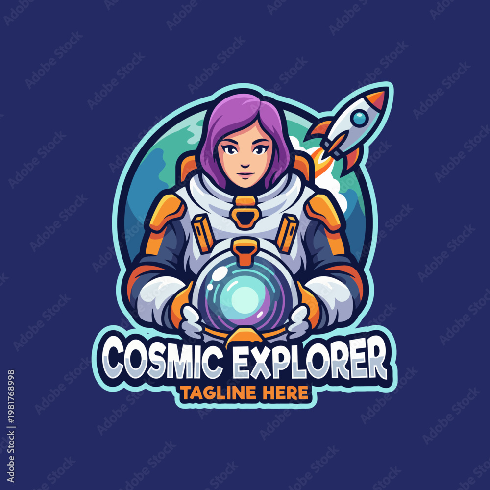 Fototapeta premium This vibrant illustration of a cosmic explorer showcasing an astronaut holding a crystal globe, symbolizing adventure, exploration, and the mysteries of the universe.