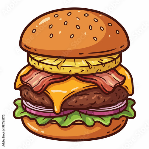 A mouth-watering burger with layers of cheese, bacon, pineapple, and fresh vegetables, perfectly illustrated to appeal to food lovers and grill enthusiasts alike.