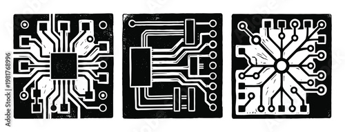 Circuit Board Designs Set: Computer Chip Vector Graphics