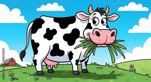Cartoon cow eating grass in field.