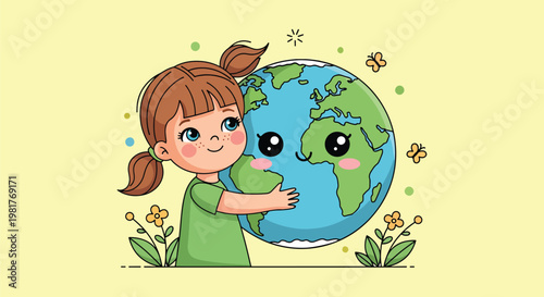 A cute cartoon girl with pigtails in a green dress lovingly hugs a smiling Earth, surrounded by nature elements like flowers and butterflies.