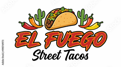 A fun and vibrant illustration of a taco filled with ingredients and garnished with colorful peppers and cacti, representing street food culture and culinary delight.