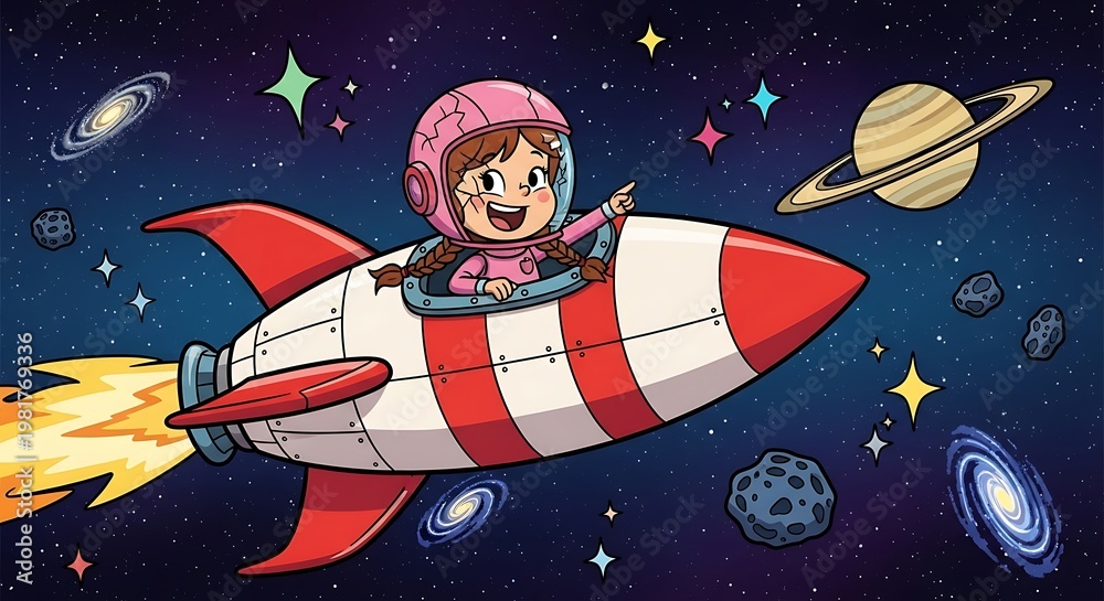 Fototapeta premium Cartoon girl flying in rocket spaceship.