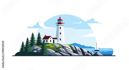 Seaside Lighthouse Building on Rocky Island with Trees and Boat