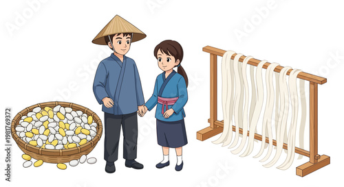 Silk Production Process: Farmers with Silkworm Cocoons and Raw Silk Threads