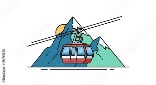 Ski lift cable car travels up mountainous terrain, sun shining