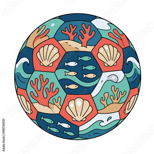 A vibrant soccer ball showcasing full of marine life, including colorful coral, shells, and floating fish, representing a blend of sports and environmental themes.