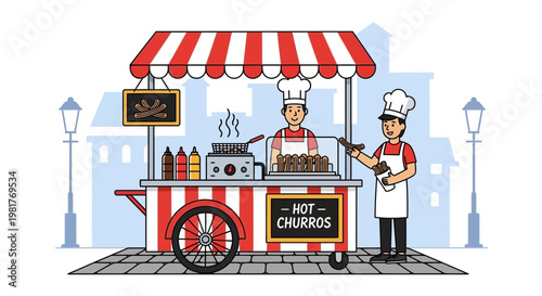 Street Food Churros Cart with Chefs Selling Delicious Hot Pastries