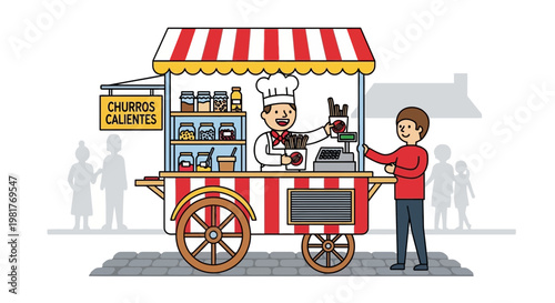 Street Food Vendor Selling Fresh Hot Churros from a Cart to a Customer