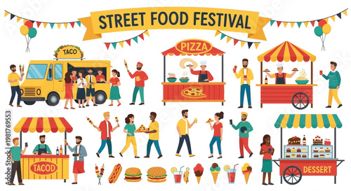 Street Food Festival Illustration: People Enjoying Diverse Food Stalls and Vendors