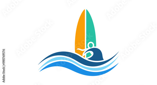 Surfing Logo Icon Silhouette Rider on Board with Waves and Surfboard