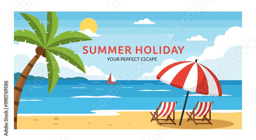 Summer Holiday Beach Scene with Palm Tree, Umbrella, and Chairs