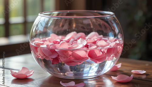 Clear glass bowl with floating rose petals in water and soft natural light