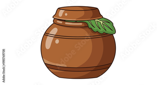 Traditional Korean Onggi Pot with Leaf Isolated on White Background