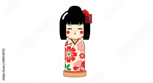 Traditional Japanese Kokeshi Doll with Floral Pattern and Red Hair Ornament