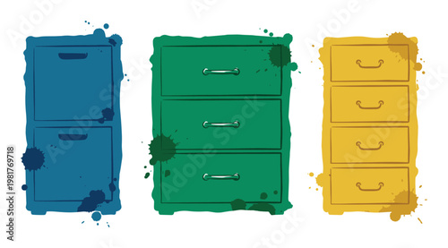 Colorful filing cabinets ink splatter style illustration