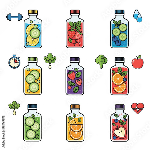 A colorful illustration of various infused water bottles with fruits and vegetables, surrounded by fitness and healthy lifestyle icons.