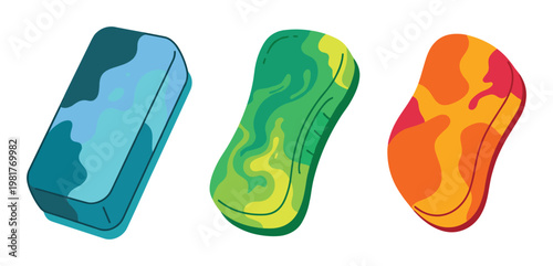 Colorful soaps set, blue, green, and orange bathroom sponges