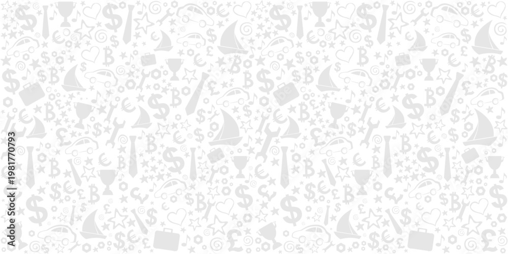 Obraz premium Happy father day. Grey seamless pattern with tie, eyeglasses, screwdriver, wrench, money, car, yacht, bitcoin, cup, icons. great for banners, wallpapers, cards, image covers. Horizontal card format 
