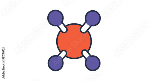 Atom molecule structure representing a central red sphere with four smaller blue spheres attached by thin lines, illustrating a scientific concept
