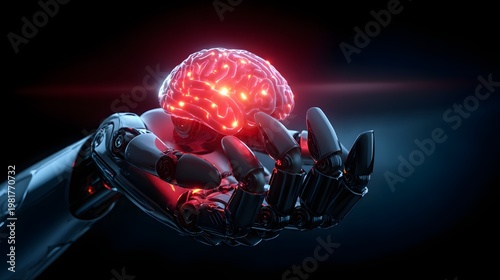 Robot hand holding glowing brain with digital energy, perfect for artificial intelligence, future technology