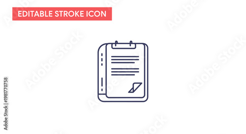 A minimalist, stroke-style line art icon depicting a clipboard with a document and signature, perfect for digital applications