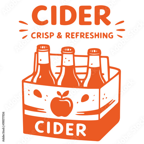 Cider crisp refreshing doodle illustration with crate of bottles and apple label
