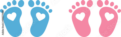 Blue and pink baby footprints with hearts in the center on white background Keywords: baby footprint, baby, child, heart, love, blue, pink