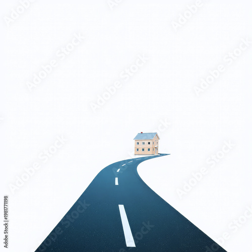 Minimalist concept of a winding asphalt road leading to a small residential house isolated on a white background