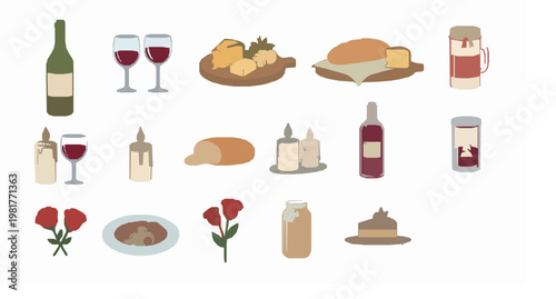 Cozy romantic dinner doodle set with wine food and candle elements in hand drawn vector style for menu and stickers