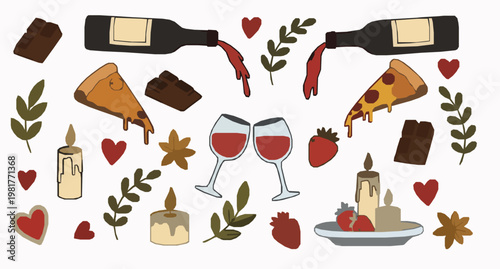 Romantic food and wine doodle collection with playful dinner elements for social media stickers and menu design