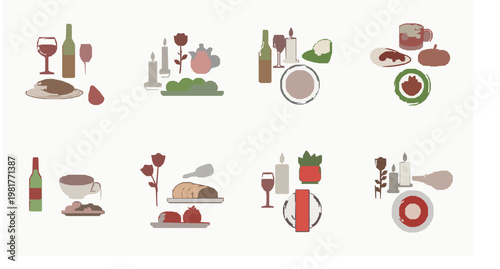 Minimal romantic dinner doodle badges with wine food and candle elements in clean line vector style