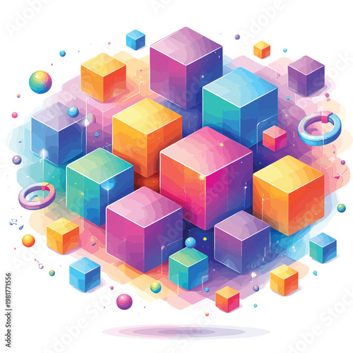 Geometric 3D cubes in rainbow colors with three dimensional geometric isometric colorful abstract geometry background building collection composition creative decoration illustration
