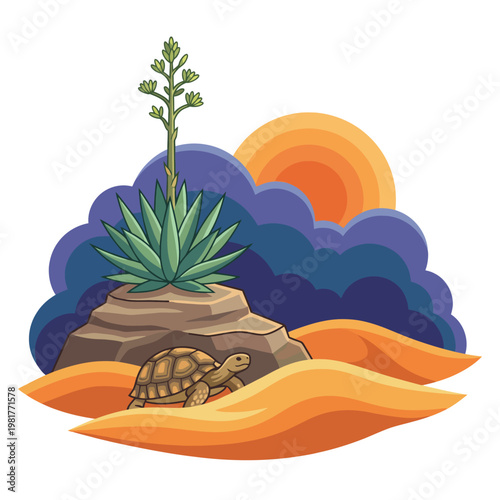 This illustration shows a tortoise slowly navigating through a desert landscape with a cactus and sunset in the background, representing resilience and survival in harsh environments.