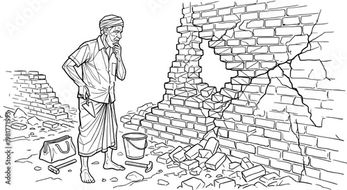 Mansonry worker looking at a damaged brick wall with hole and cracks, line art illustration