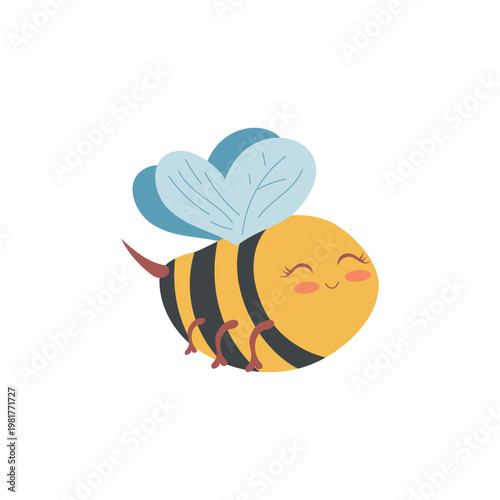 Cute cartoon bee vector illustration, kawaii smiling bumblebee character, spring insect with wings, adorable pollinator