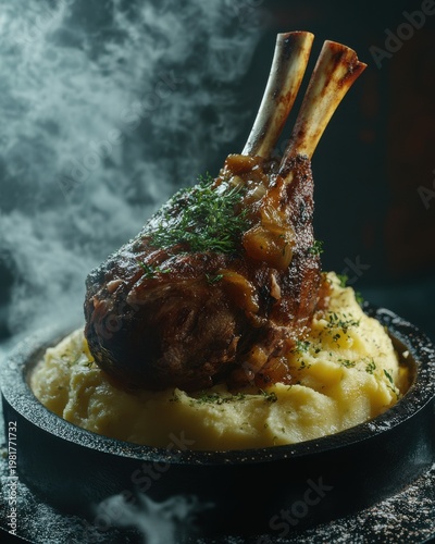 Succulent lamb shank served on a bed of creamy mashed potatoes with rich sauce, garnished with fresh herbs.