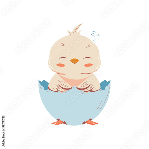 Cute sleeping baby chick in eggshell vector illustration, Easter chicken cartoon character, spring newborn bird, kawaii animal