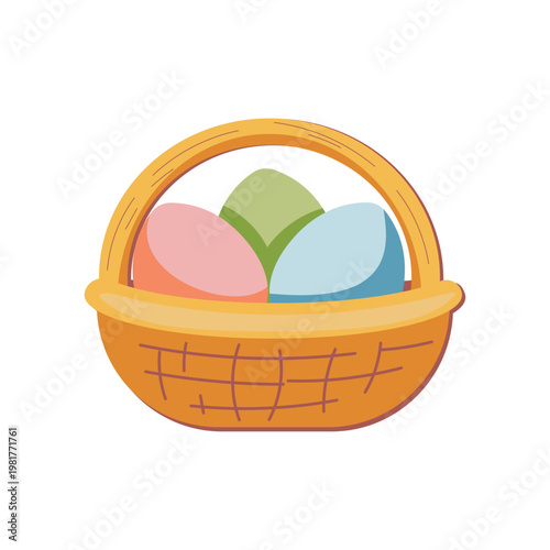 Easter basket with colorful eggs vector illustration, spring holiday decoration, cute cartoon basket with painted eggs