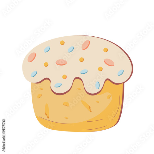 Cute Easter cake with icing and colorful sprinkles, festive spring dessert vector illustration, traditional holiday sweet bread