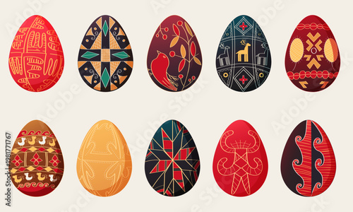 Decorative Easter eggs set with ethnic patterns, traditional ornament collection, colorful
