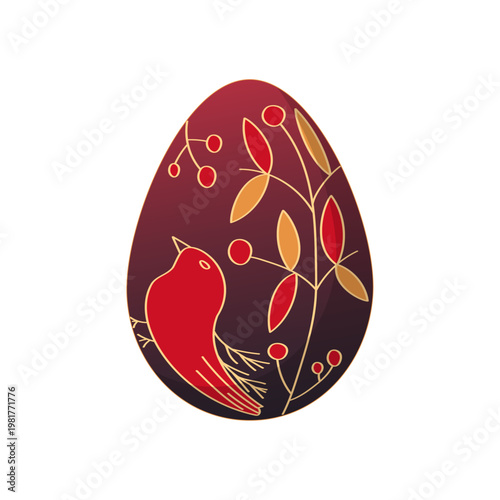 Decorative Easter egg with bird and branches vector illustration, elegant red and gold floral pattern, stylized spring holiday design