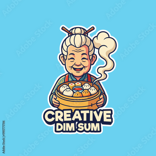 This cheerful image features a joyful character holding a dim sum basket, symbolizing traditional culinary art and joyful dining experiences, perfect for restaurant branding.