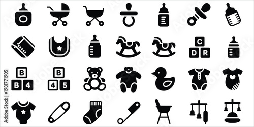 Collection of baby and child care icons on a white background symbol