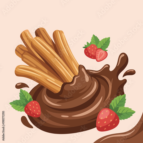 Delicious churros coated in sugar, served with rich chocolate sauce and fresh strawberries, creating a tempting dessert perfect for sharing or indulging in sweet moments.