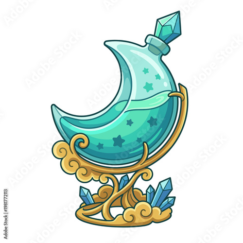 An enchanting illustration of a magical potion bottle, adorned with stars and crystals, symbolizing mystery and fantasy, suitable for fantasy-themed projects.